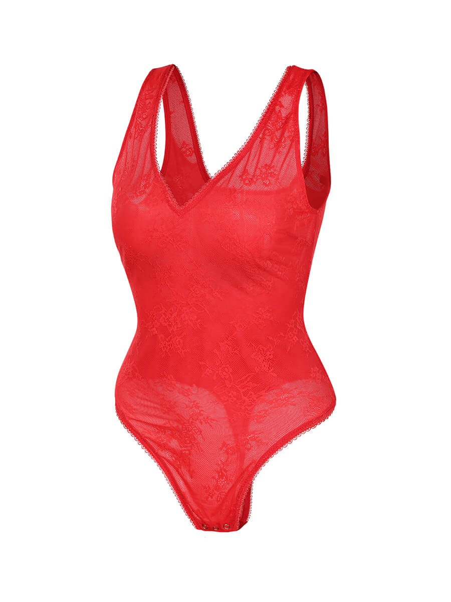 Seamless Sexy Deep V-Neck Lace Shaping Thong Bodysuit