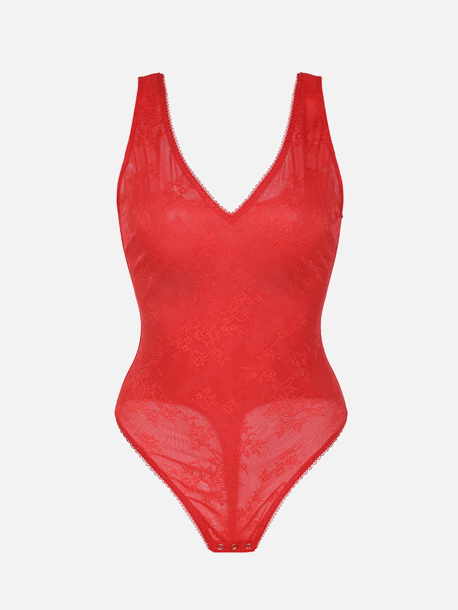 Seamless Sexy Deep V-Neck Lace Shaping Thong Bodysuit