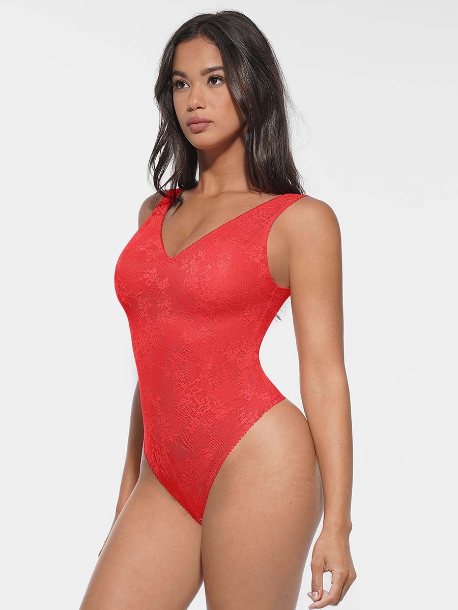 Seamless Sexy Deep V-Neck Lace Shaping Thong Bodysuit