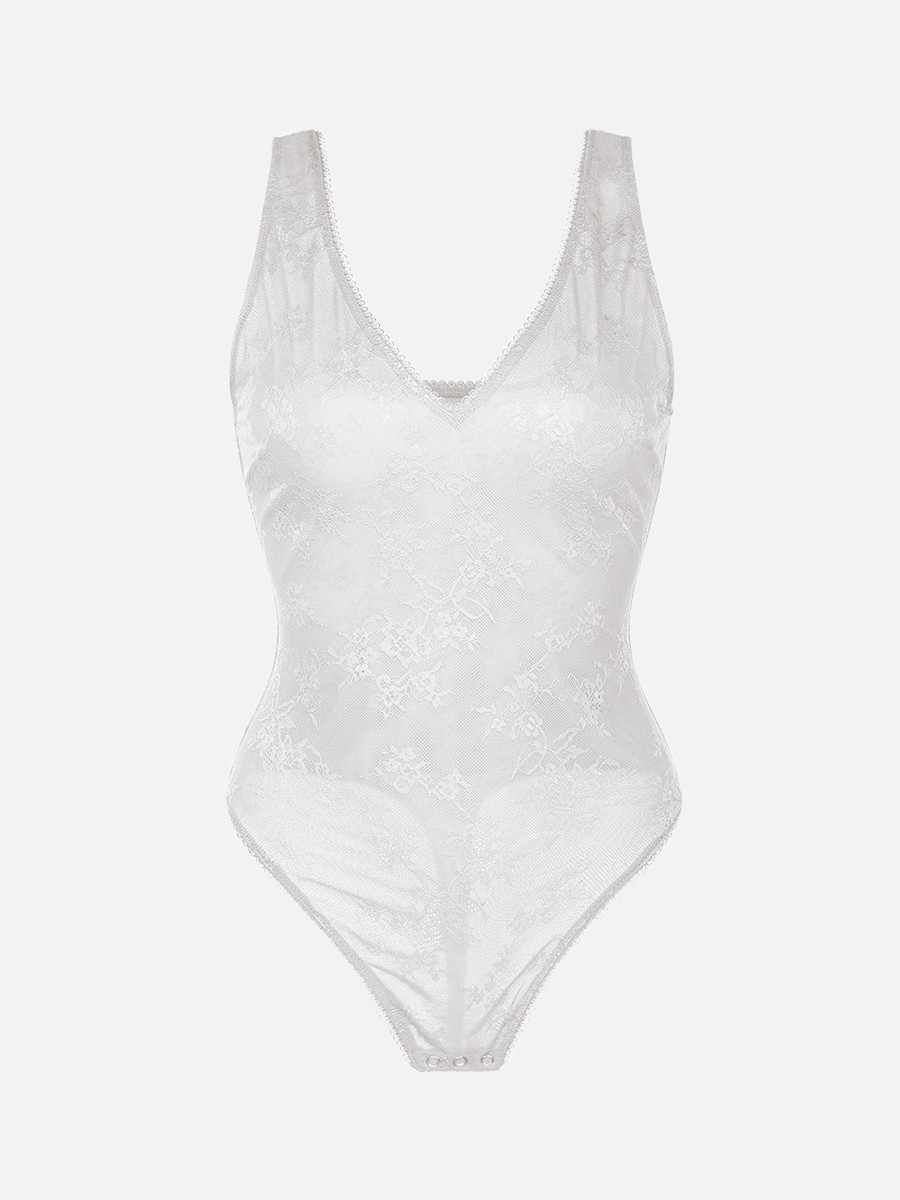 Sexy Seamless Deep V-Neck Lace Shaping Thong Bodysuit