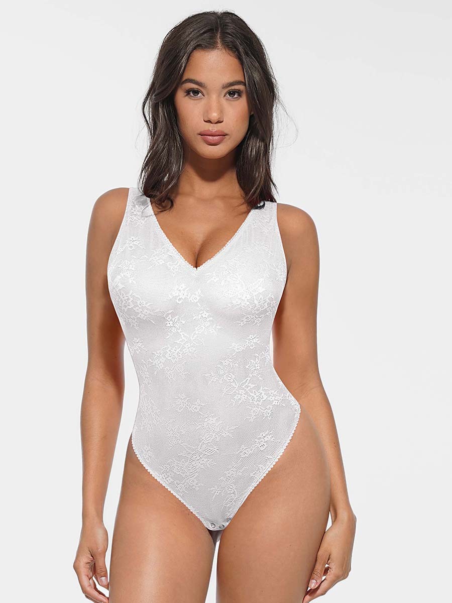 Sexy Seamless Deep V-Neck Lace Shaping Thong Bodysuit