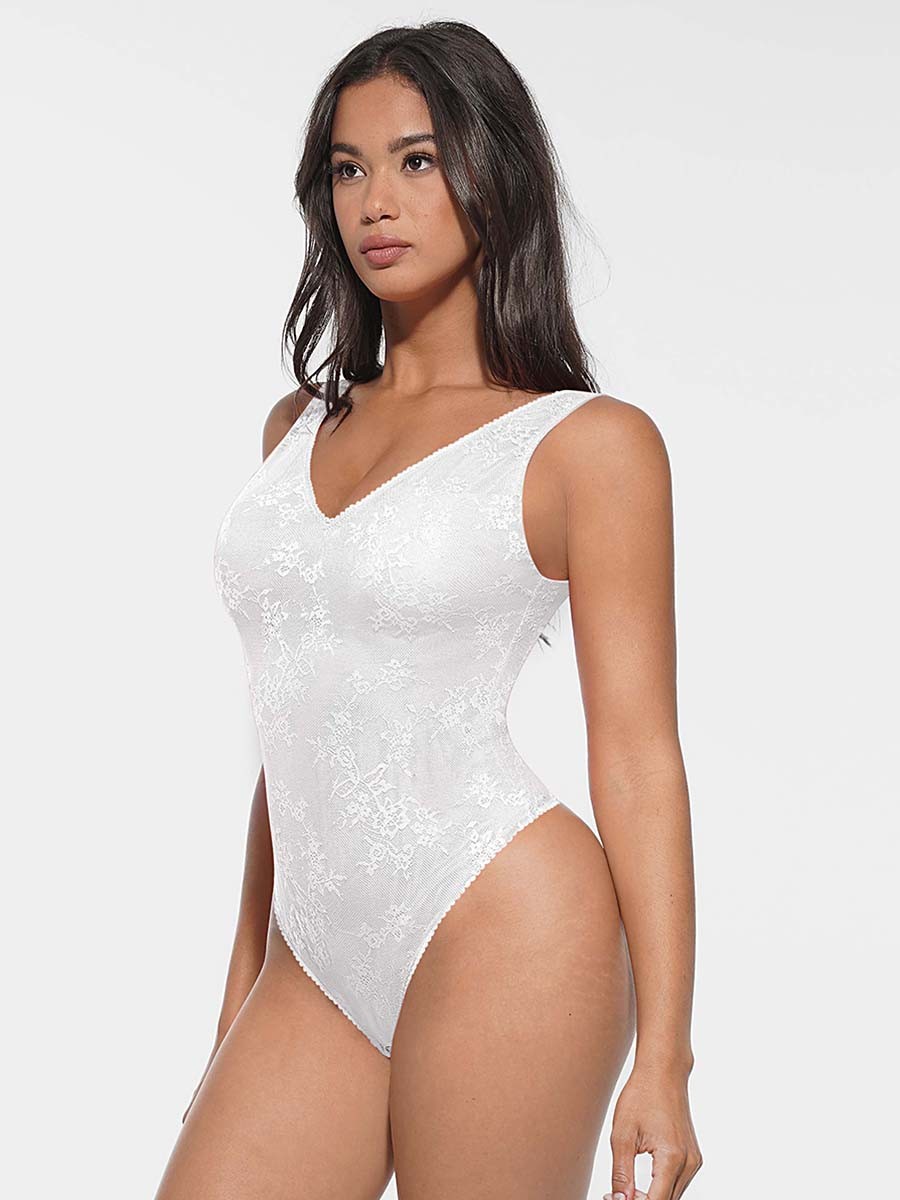 Sexy Seamless Deep V-Neck Lace Shaping Thong Bodysuit