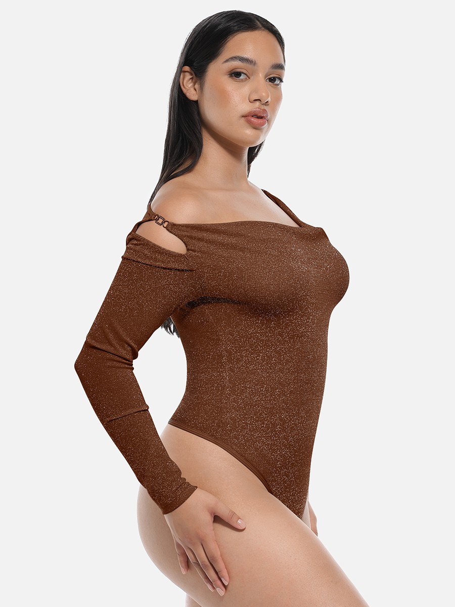 Shiny Draped Neck Bodysuit with Built In Bra and Thong Snap Crotch