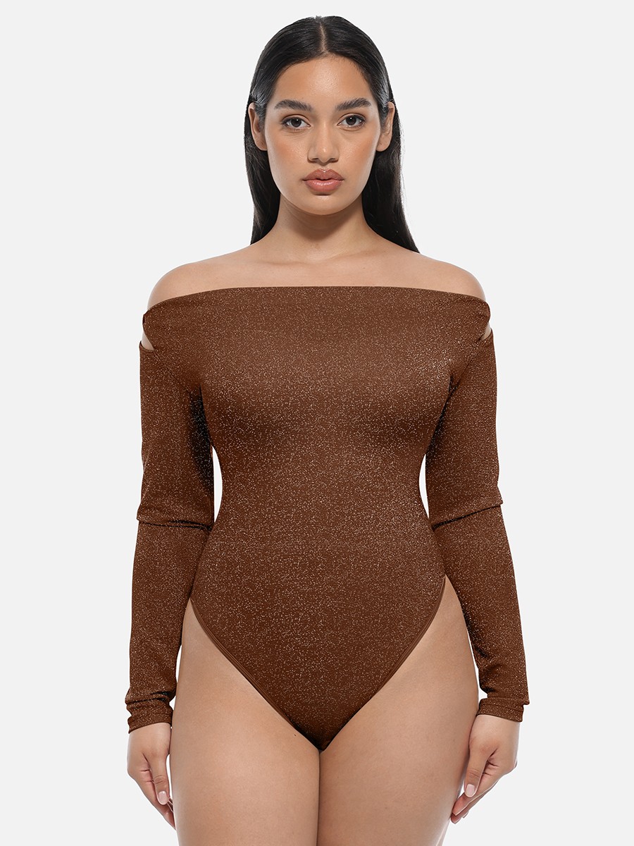Shiny Draped Neck Bodysuit with Built In Bra and Thong Snap Crotch