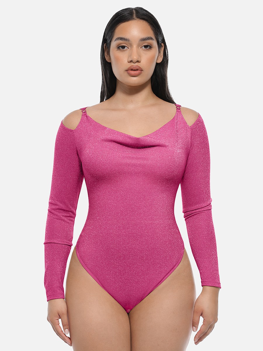 Shiny Draped Neck All In One Shapewear Bodysuit with Built In Bra