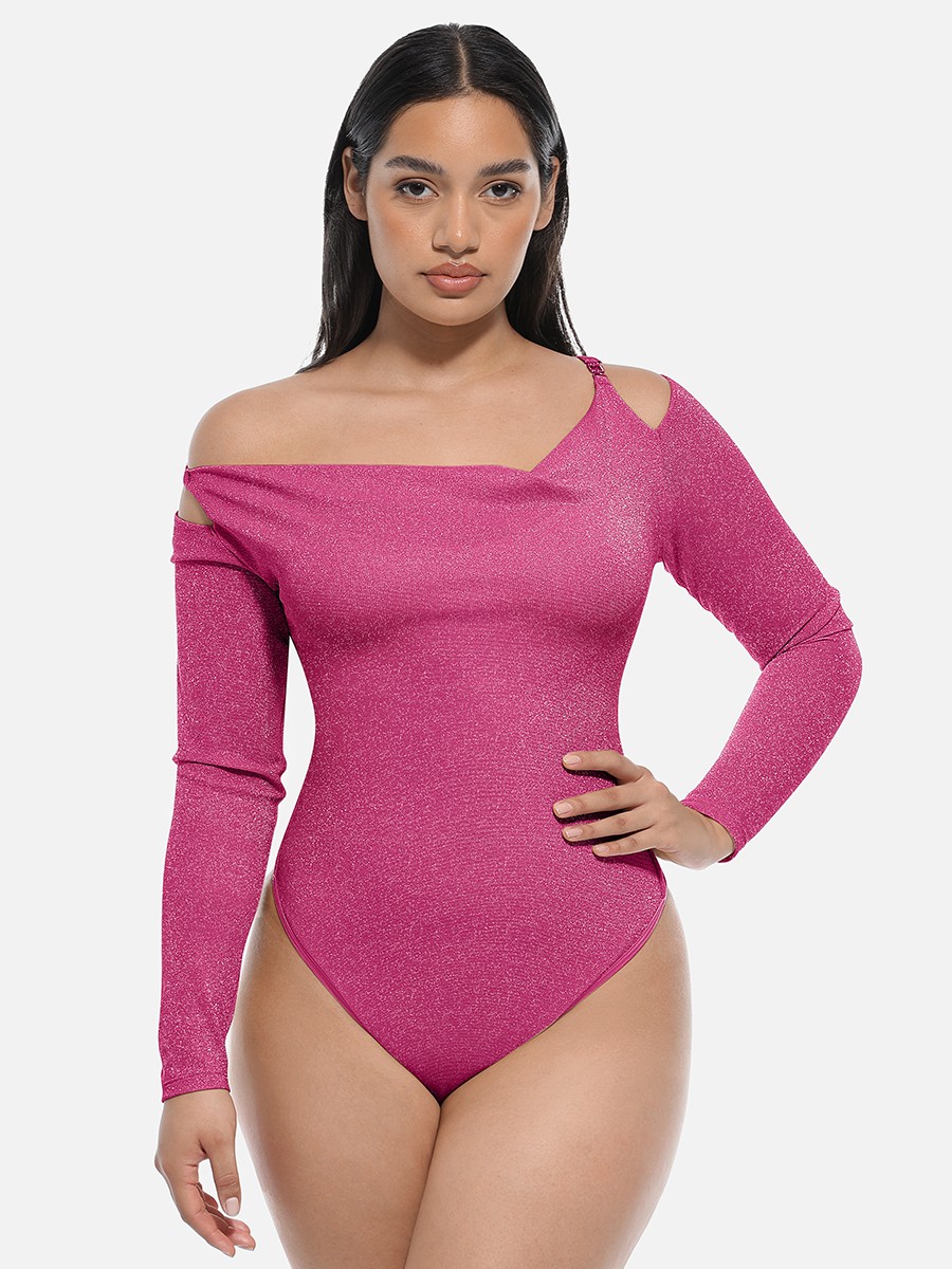 Shiny Draped Neck All In One Shapewear Bodysuit with Built In Bra