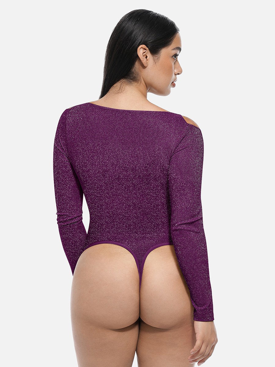 Shiny Draped Neck Shapewear Bodysuit with Built In Bra