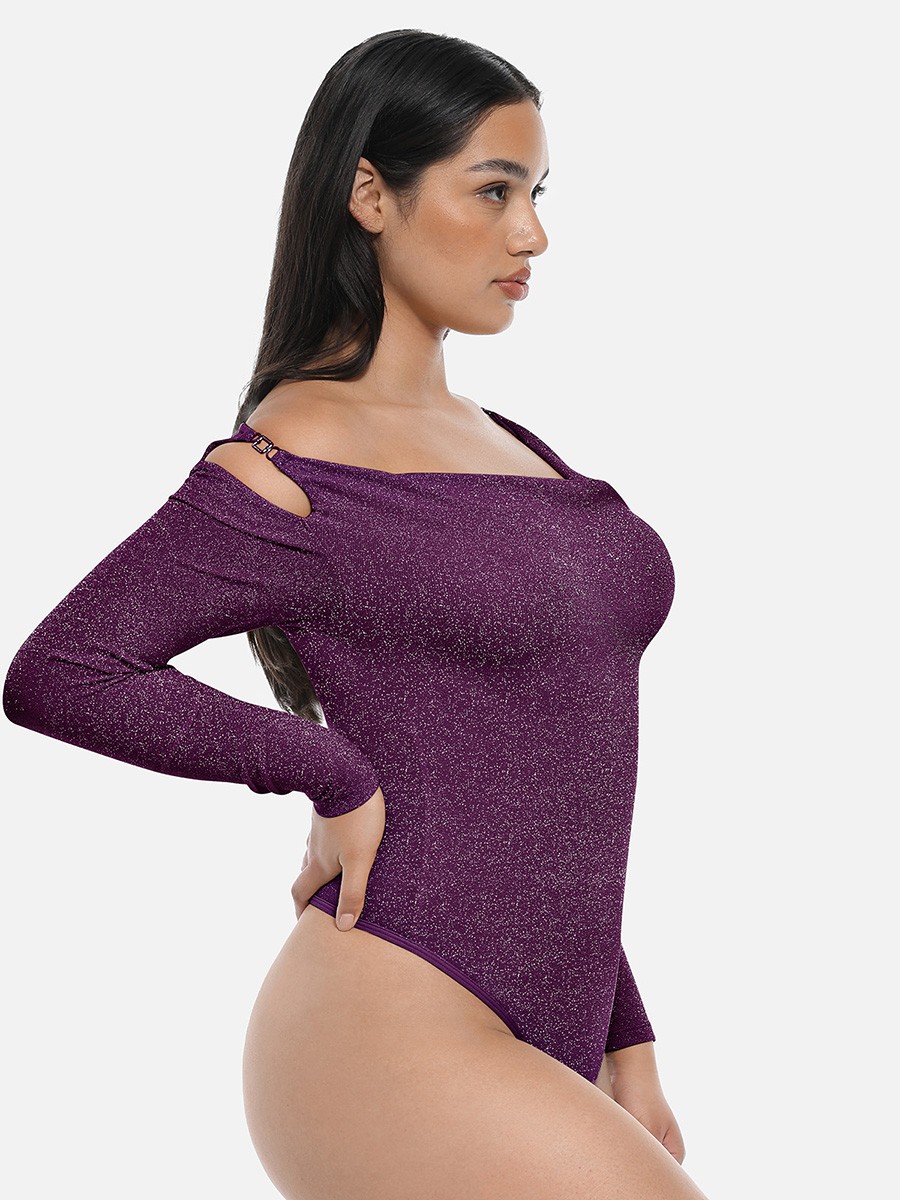 Shiny Draped Neck Shapewear Bodysuit with Built In Bra