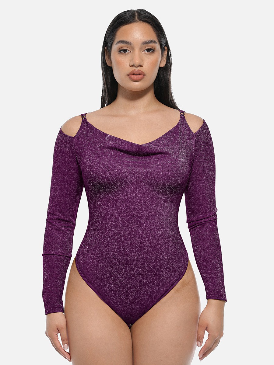Shiny Draped Neck Shapewear Bodysuit with Built In Bra