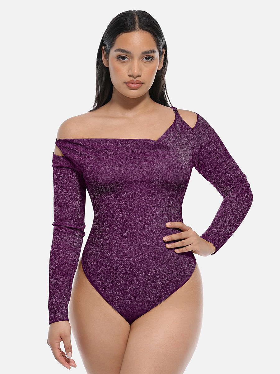 Shiny Draped Neck Shapewear Bodysuit with Built In Bra