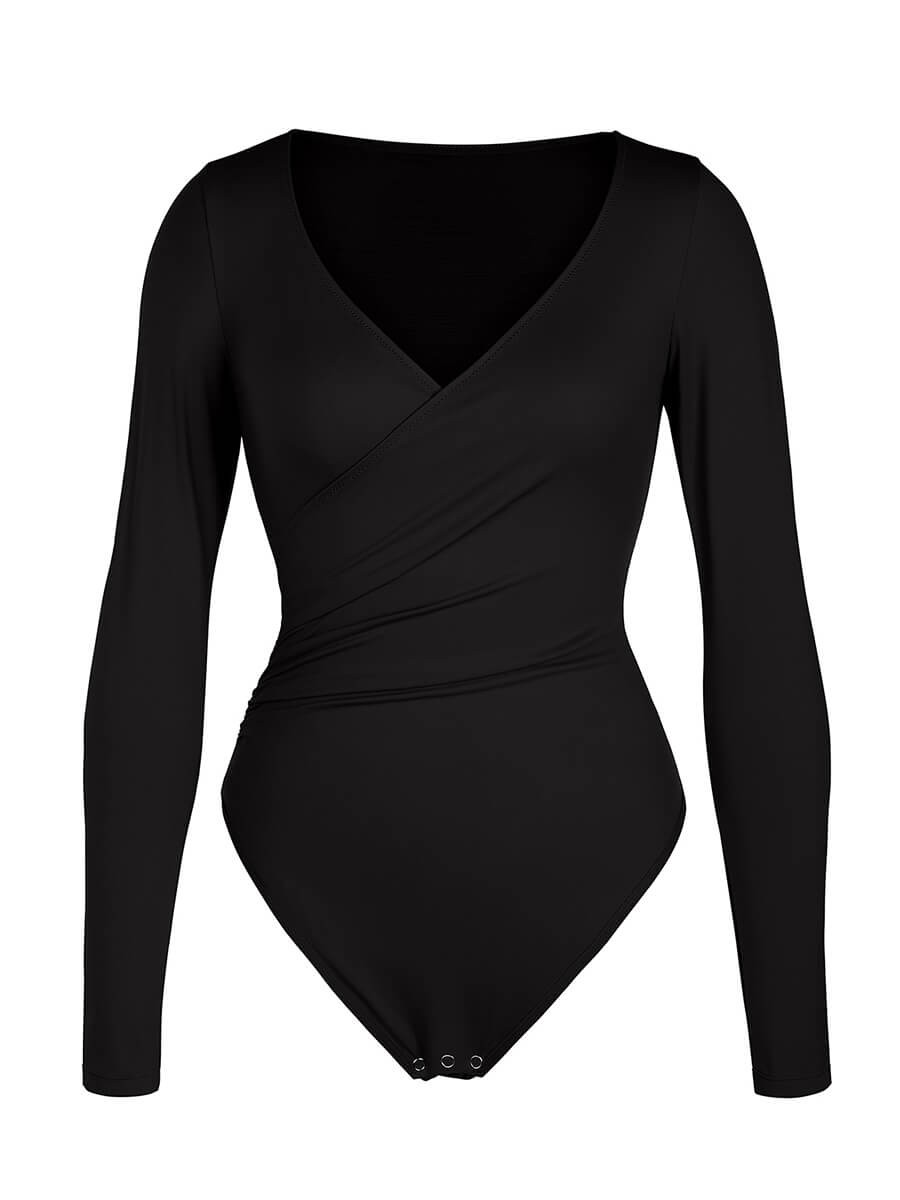 V-neck Overlapping pleated Waist and Tummy Control Antibacterial Crotch Bodysuit