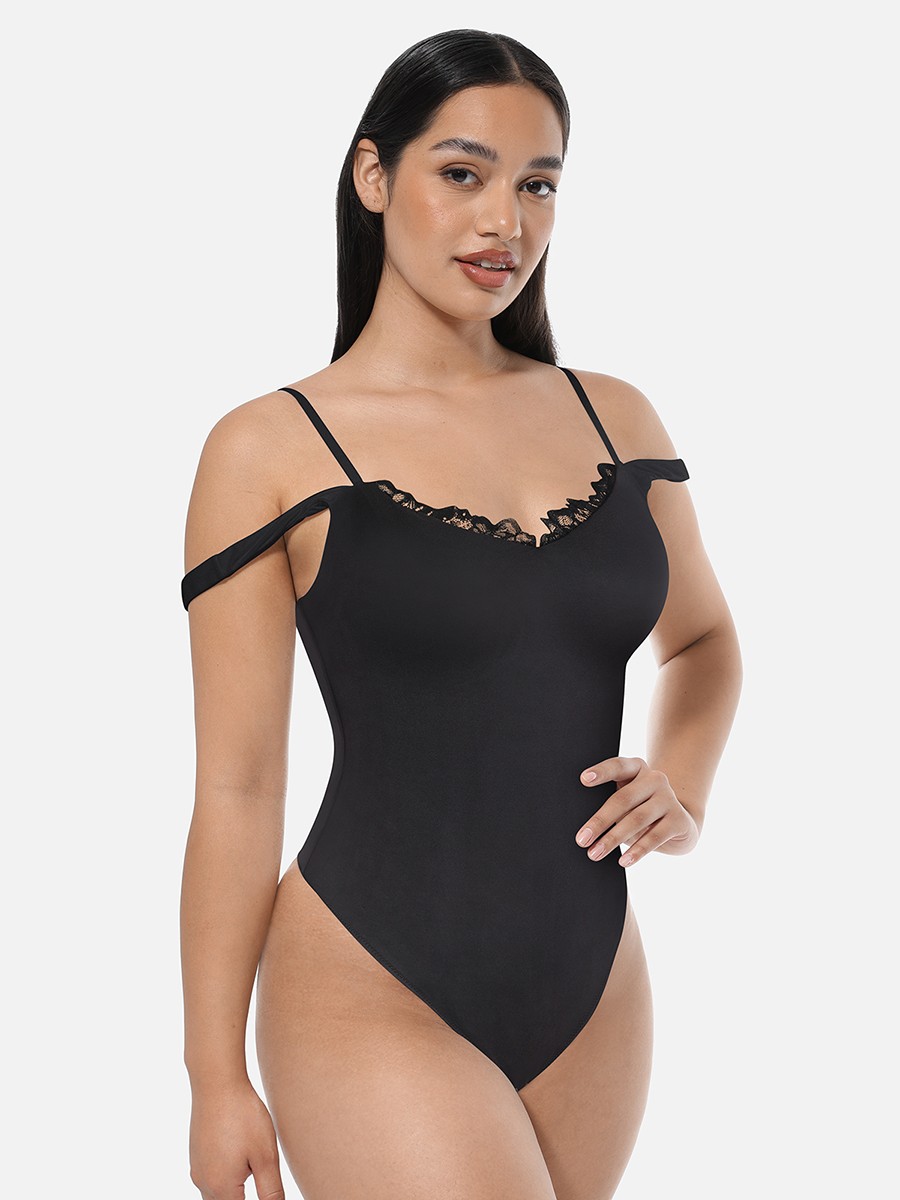 Lace V-Neck T-Back Waist and Abdomen Shaping Thong Bodysuit