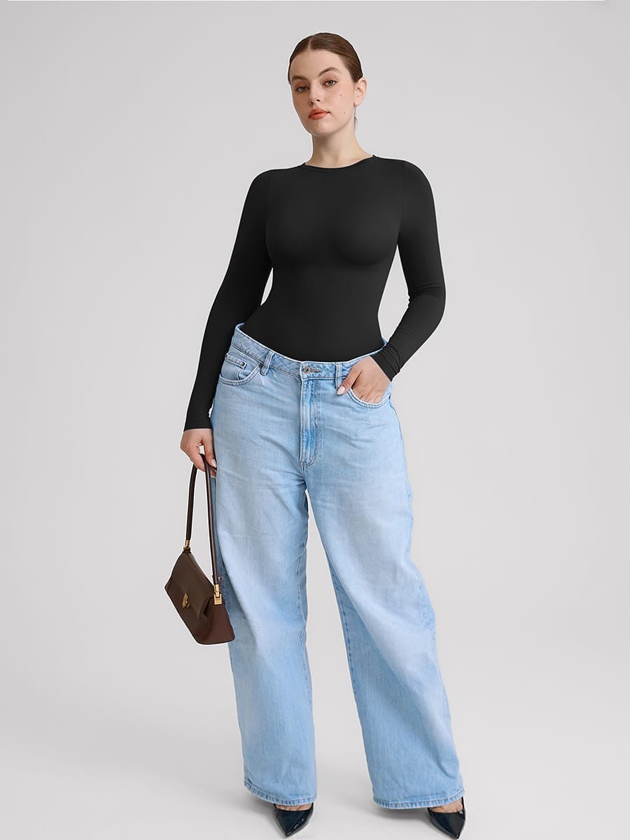 Seamless Crew Neck Long Sleeve Tummy Control Snap Crotch Briefs Bodysuit