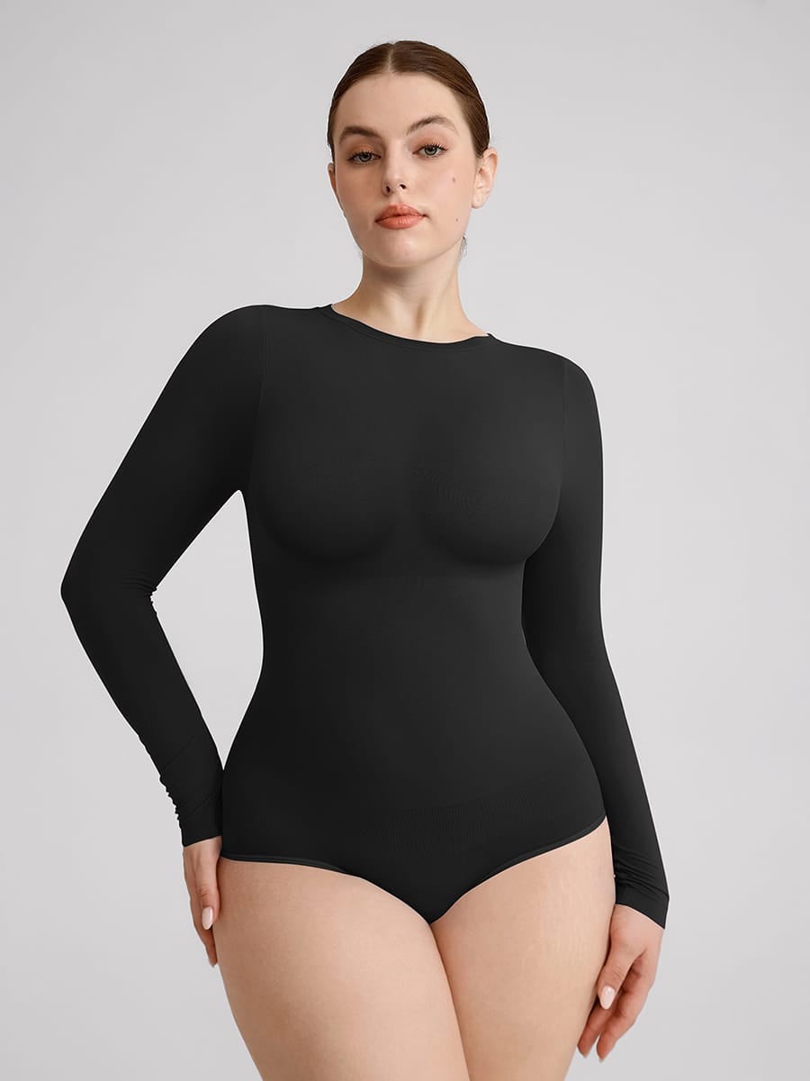 Seamless Crew Neck Long Sleeve Tummy Control Snap Crotch Briefs Bodysuit