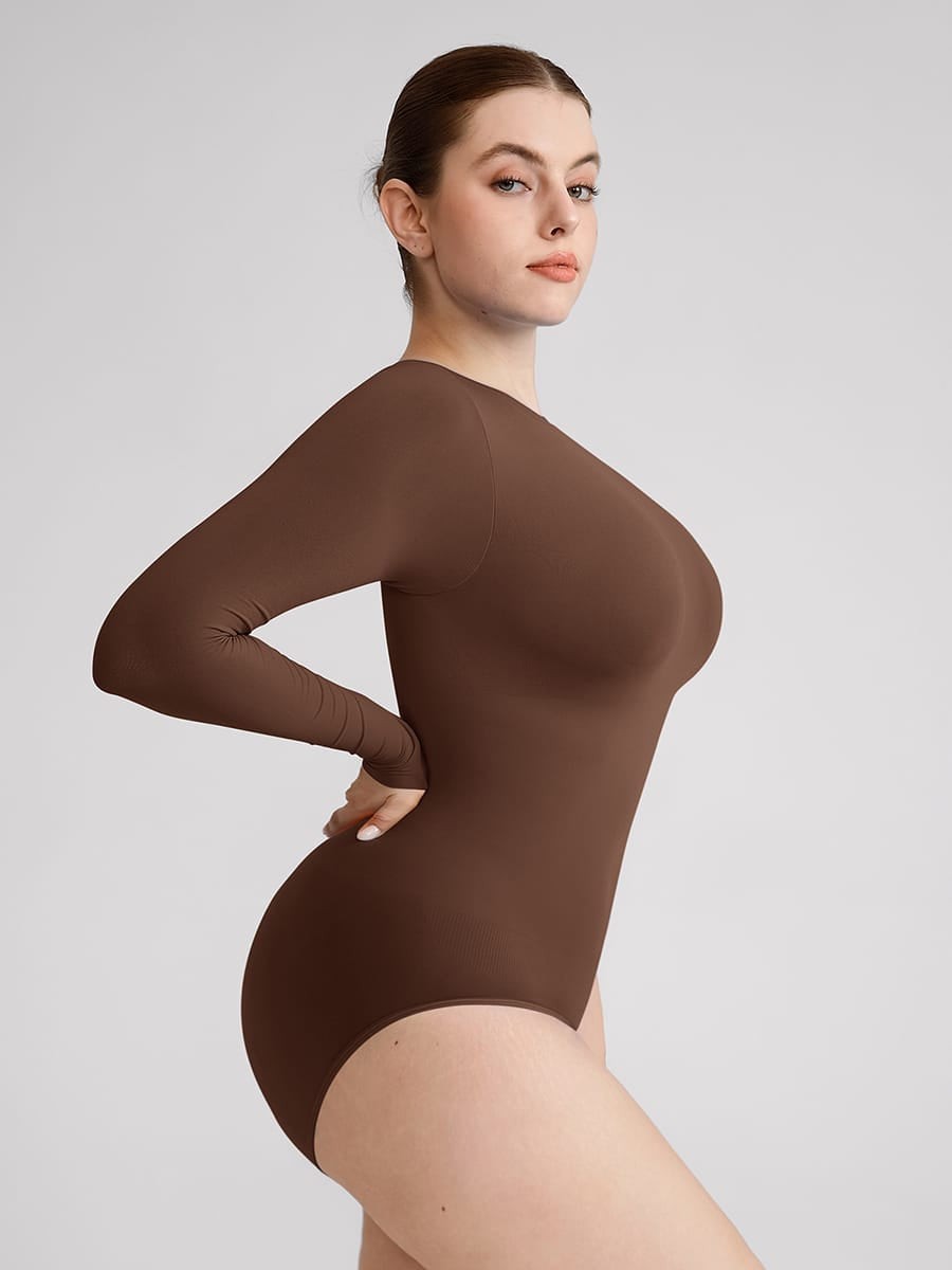 Seamless Long Sleeve Tummy Control Snap Crotch Briefs Bodysuit