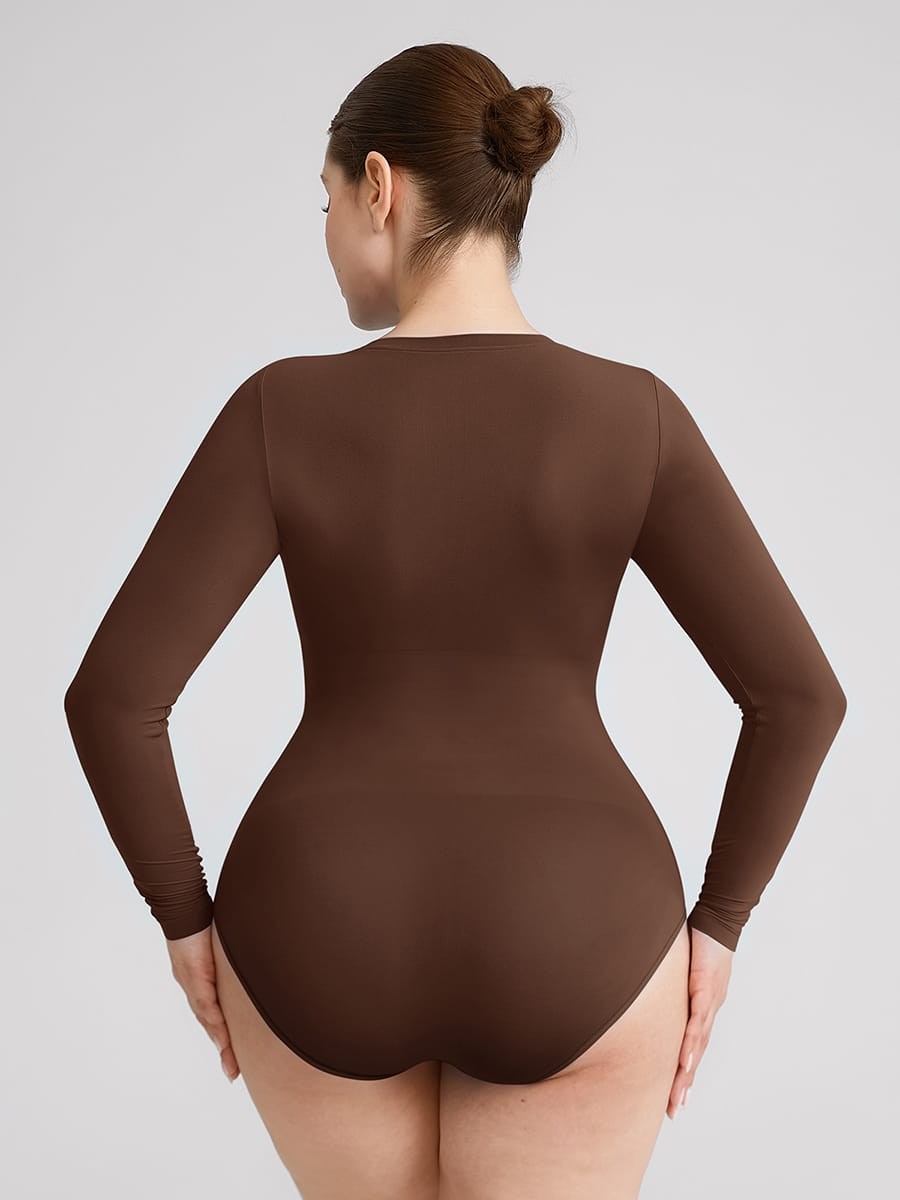 Seamless Long Sleeve Tummy Control Snap Crotch Briefs Bodysuit