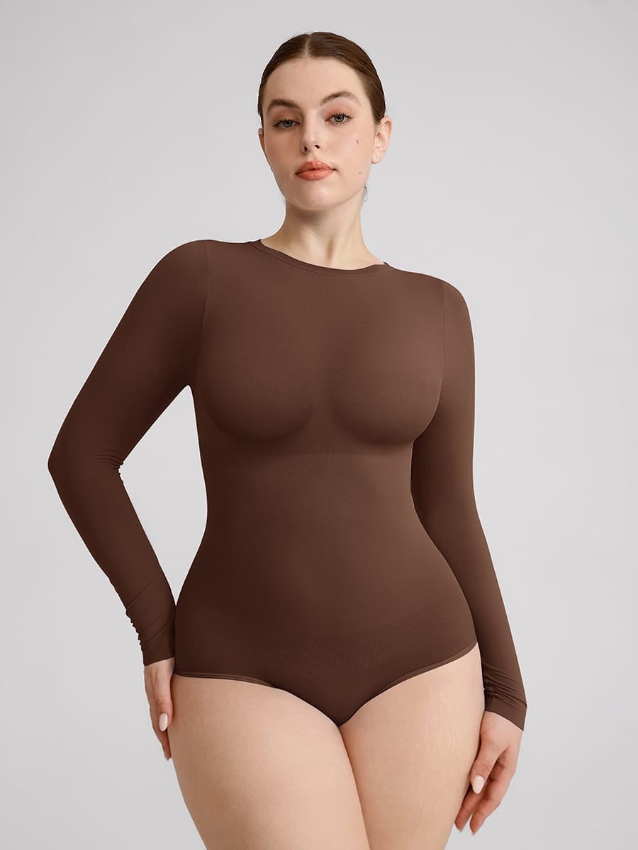 Seamless Long Sleeve Tummy Control Snap Crotch Briefs Bodysuit