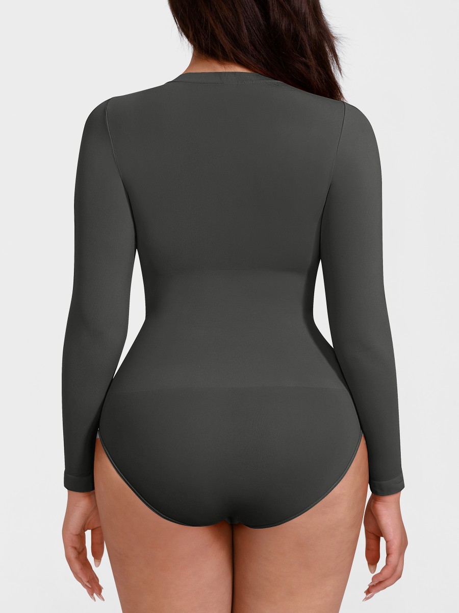 Long Sleeve Seamless Tummy Control Snap Crotch Briefs Bodysuit