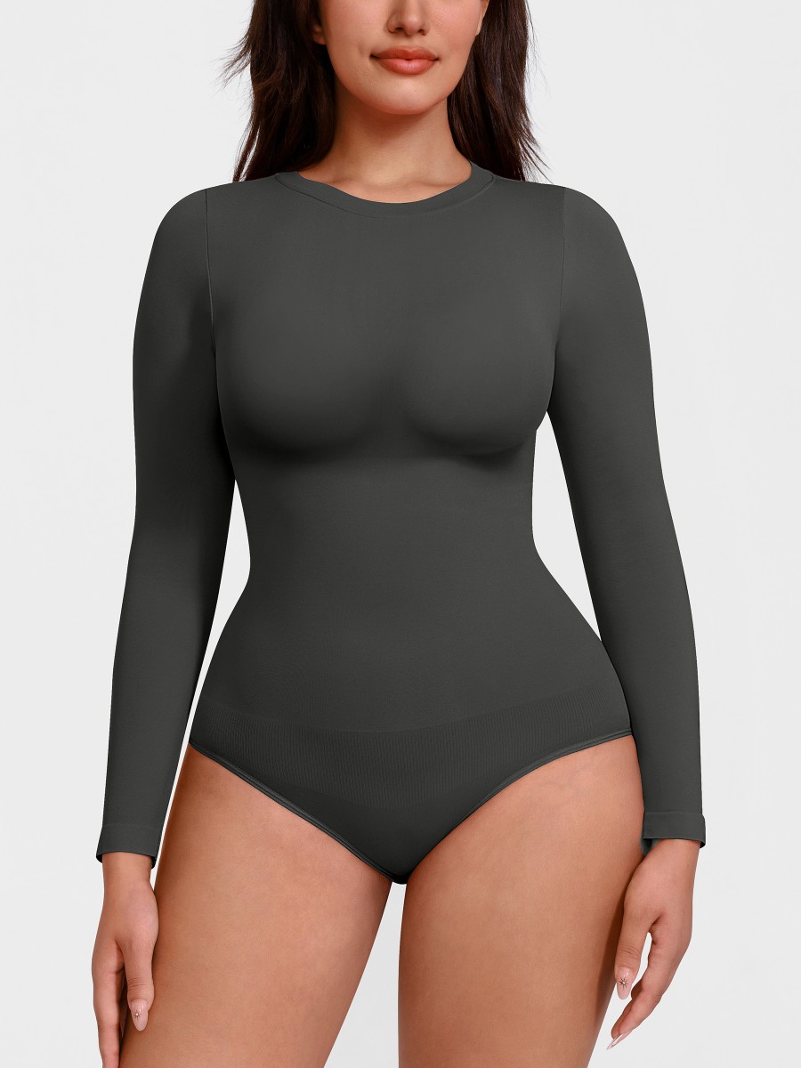 Long Sleeve Seamless Tummy Control Snap Crotch Briefs Bodysuit