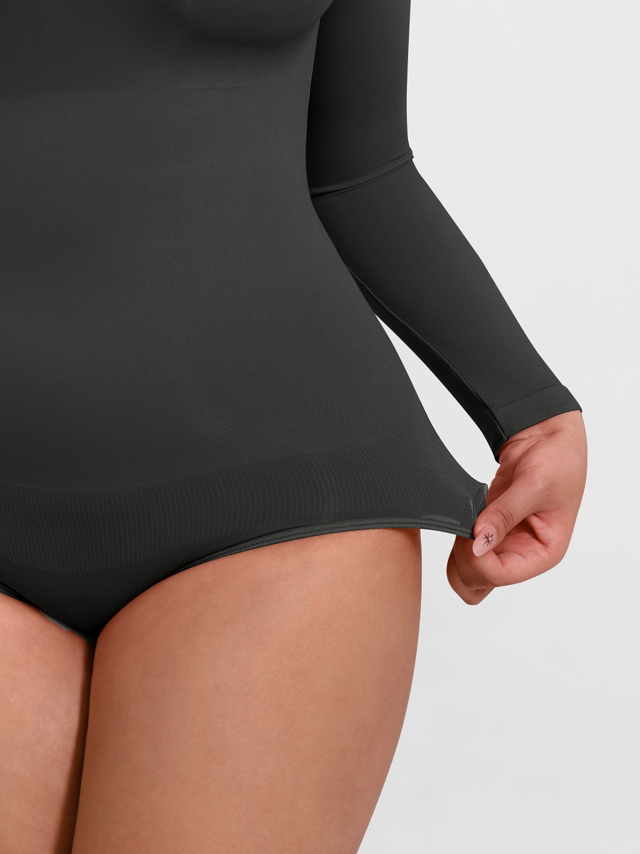 Long Sleeve Seamless Tummy Control Snap Crotch Briefs Bodysuit