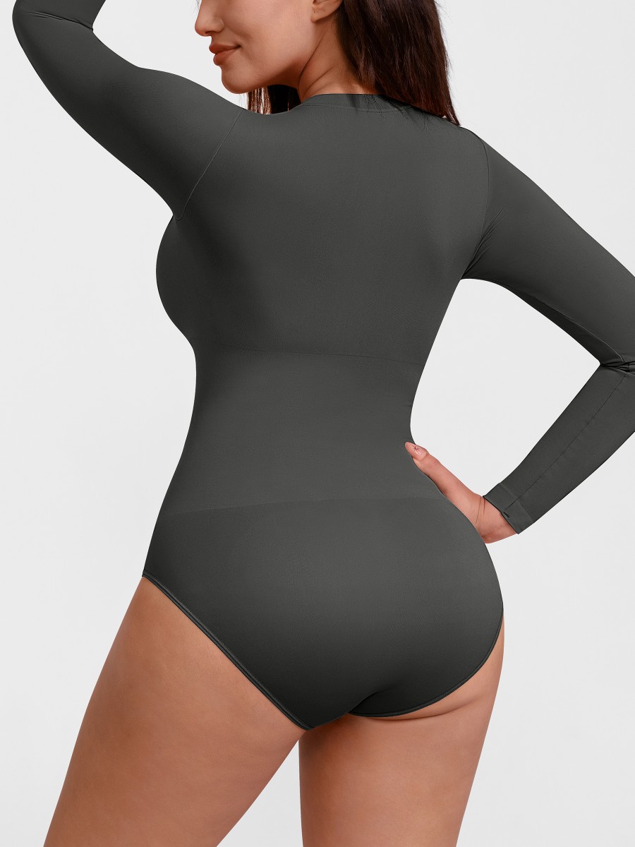 Long Sleeve Seamless Tummy Control Snap Crotch Briefs Bodysuit
