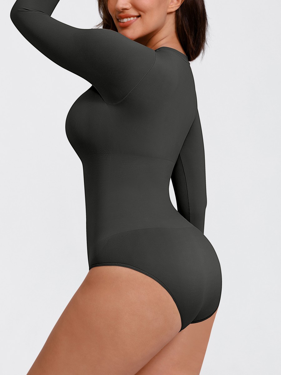 Long Sleeve Seamless Tummy Control Snap Crotch Briefs Bodysuit