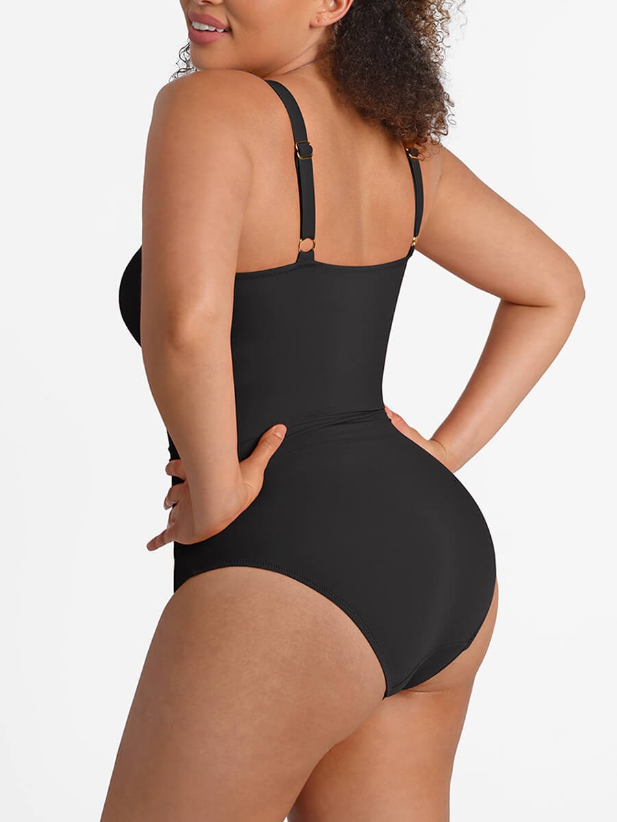 Wide Strap Deep V Metal Ring Bodysuit Swimsuit with Removable Pads