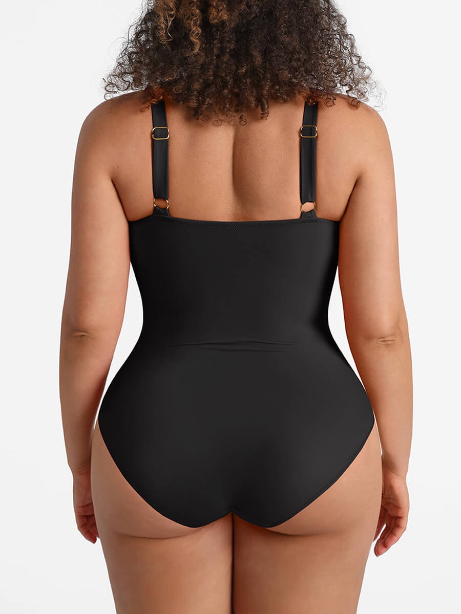 Wide Strap Deep V Metal Ring Bodysuit Swimsuit with Removable Pads