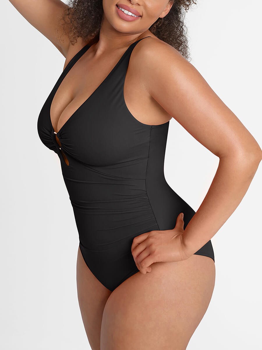 Wide Strap Deep V Metal Ring Bodysuit Swimsuit with Removable Pads