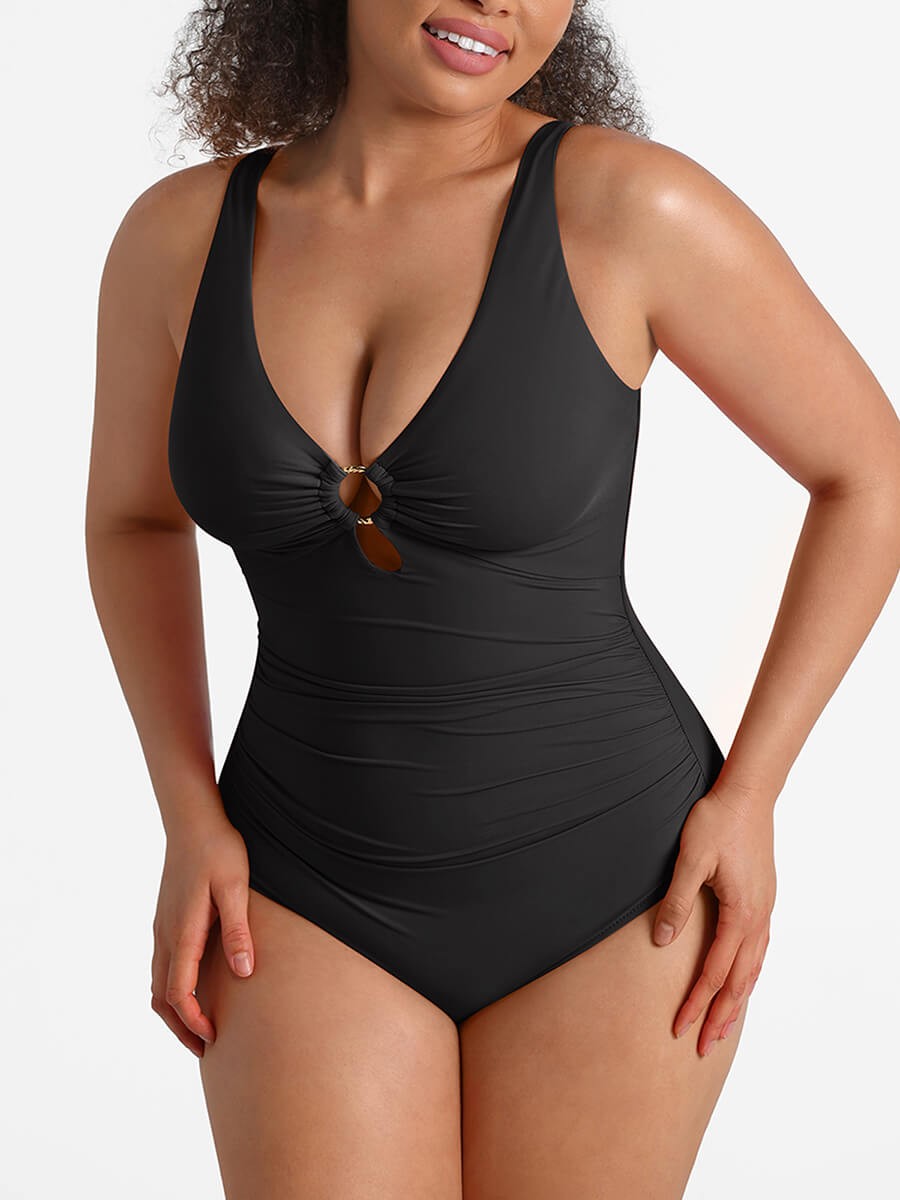 Wide Strap Deep V Metal Ring Bodysuit Swimsuit with Removable Pads