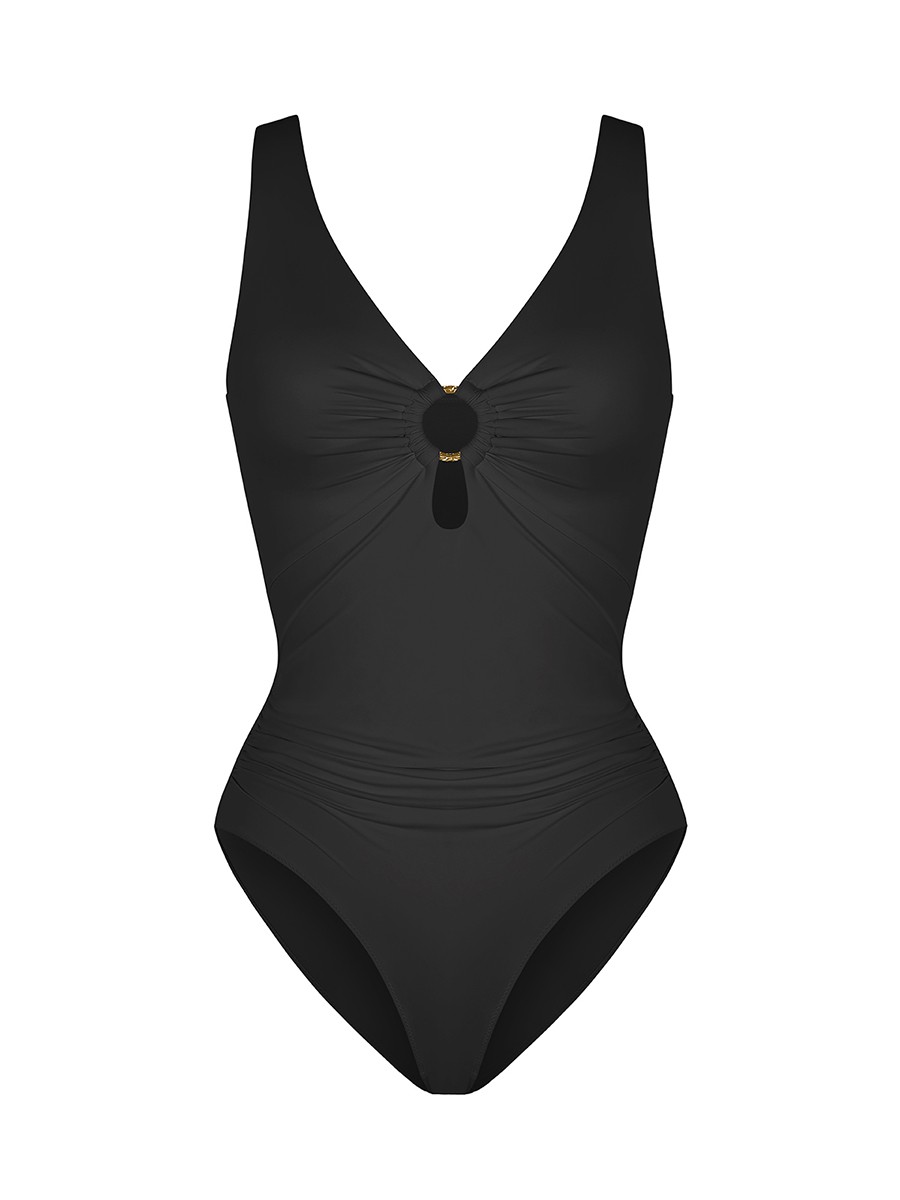 Wide Strap Deep V Metal Ring Bodysuit Swimsuit with Removable Pads