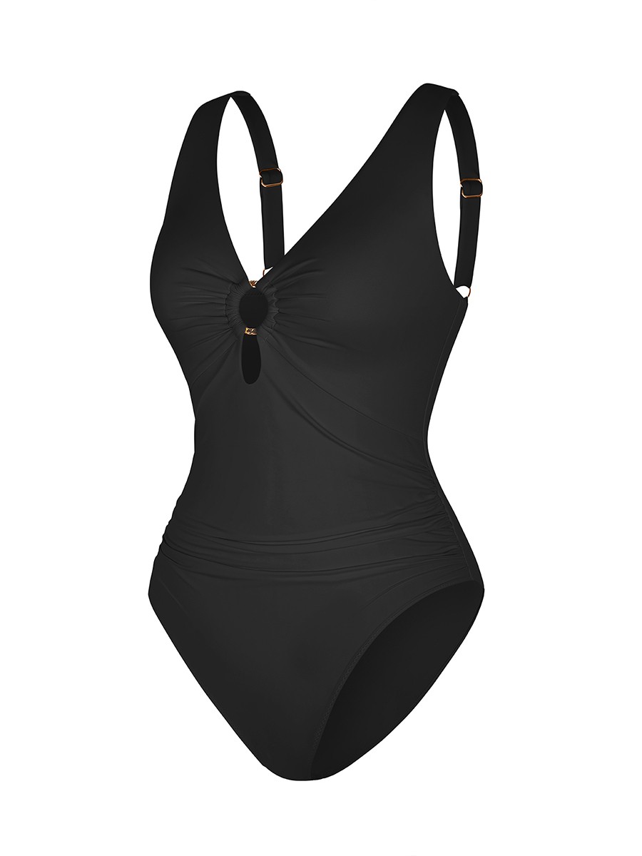 Wide Strap Deep V Metal Ring Bodysuit Swimsuit with Removable Pads