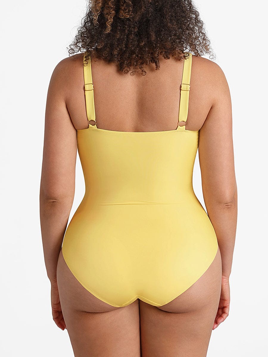 Ruched Tummy Control Mesh Bodysuit Swimsuit Adjustable Wide Straps
