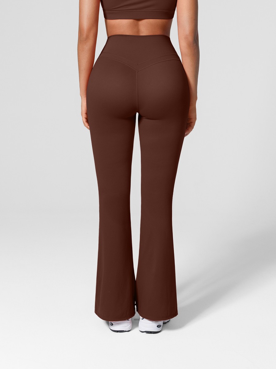 Wholesale High Rise Flare Scrunch Leggings Side Pockets Chocolate Brown
