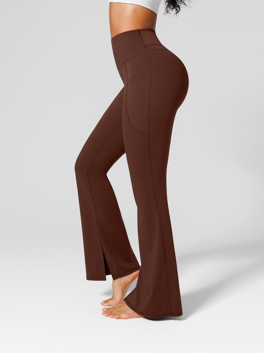Wholesale High Rise Flare Scrunch Leggings Side Pockets Chocolate Brown