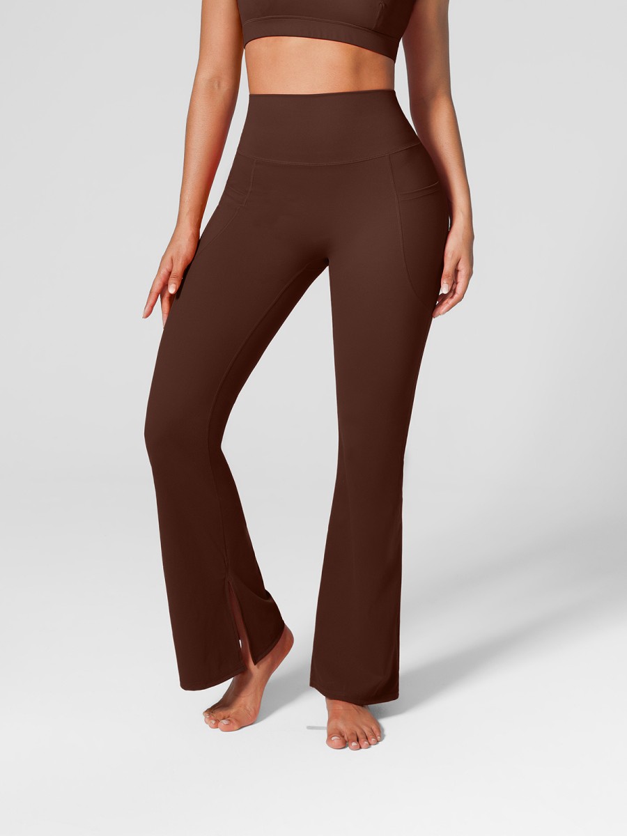 Wholesale High Rise Flare Scrunch Leggings Side Pockets Chocolate Brown