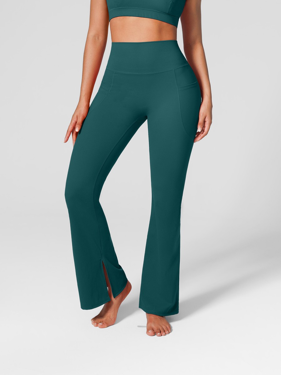 High Rise Flare Cut Leggings With Side Pockets Scrunch Hips Comfort Fit