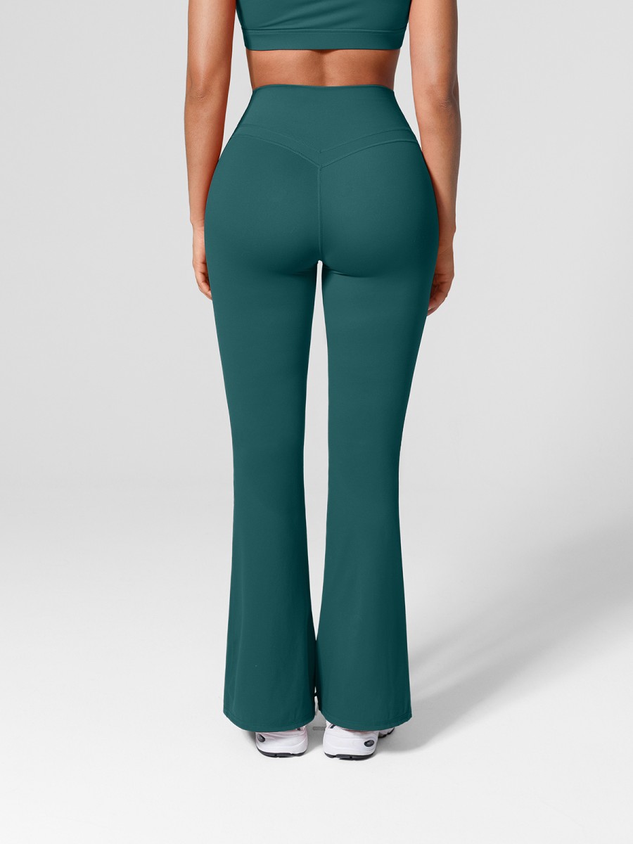 High Rise Flare Cut Leggings With Side Pockets Scrunch Hips Comfort Fit