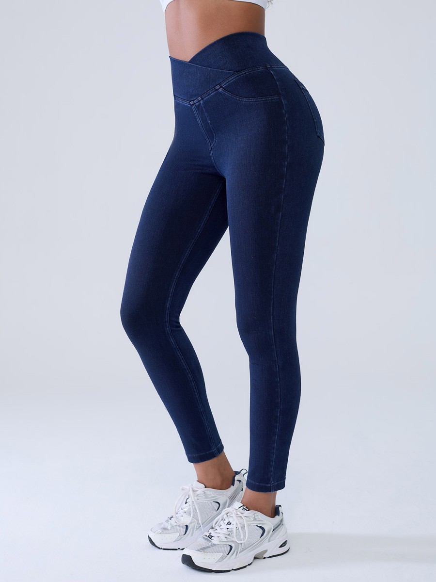 Street Jeans Leggings V-shaped Waist Design Pants Athleisure Wear Women with Pockets