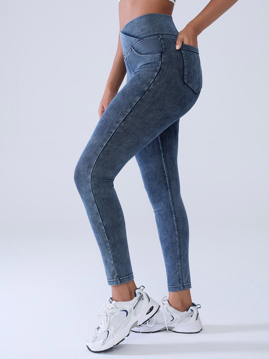 Jeans Leggings Mid Fashion-Forward Side Pockets Sculpting Women's Four-Way Pants Athleisure Wear Women
