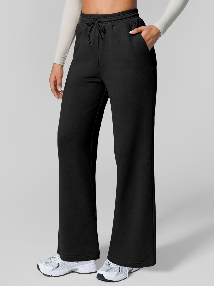 Wholesale High Rise Drawstring Waist Wide Leg Sweatpants Pockets Fleece Lined