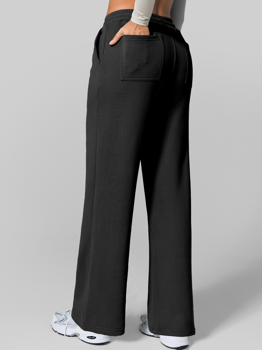 Wholesale High Rise Drawstring Waist Wide Leg Sweatpants Pockets Fleece Lined