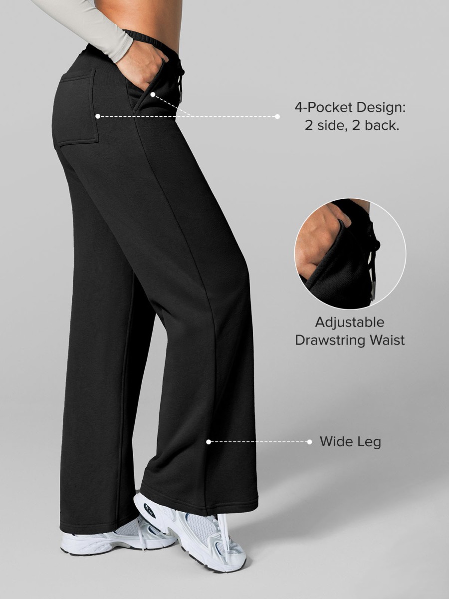 Wholesale High Rise Drawstring Waist Wide Leg Sweatpants Pockets Fleece Lined