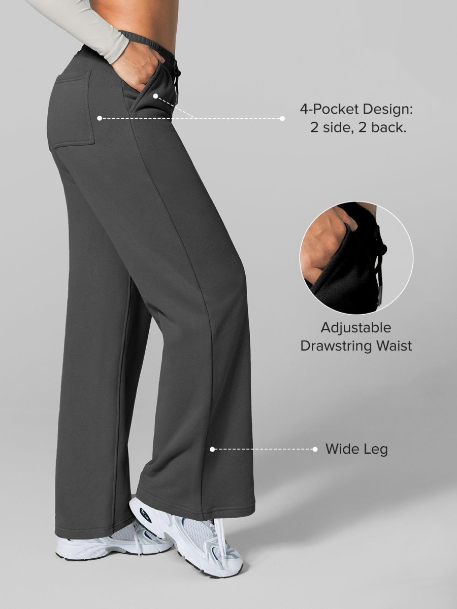 Wholesale Plush Fleece Wide Leg Sweatpants High Rise Drawstring Functional Pockets