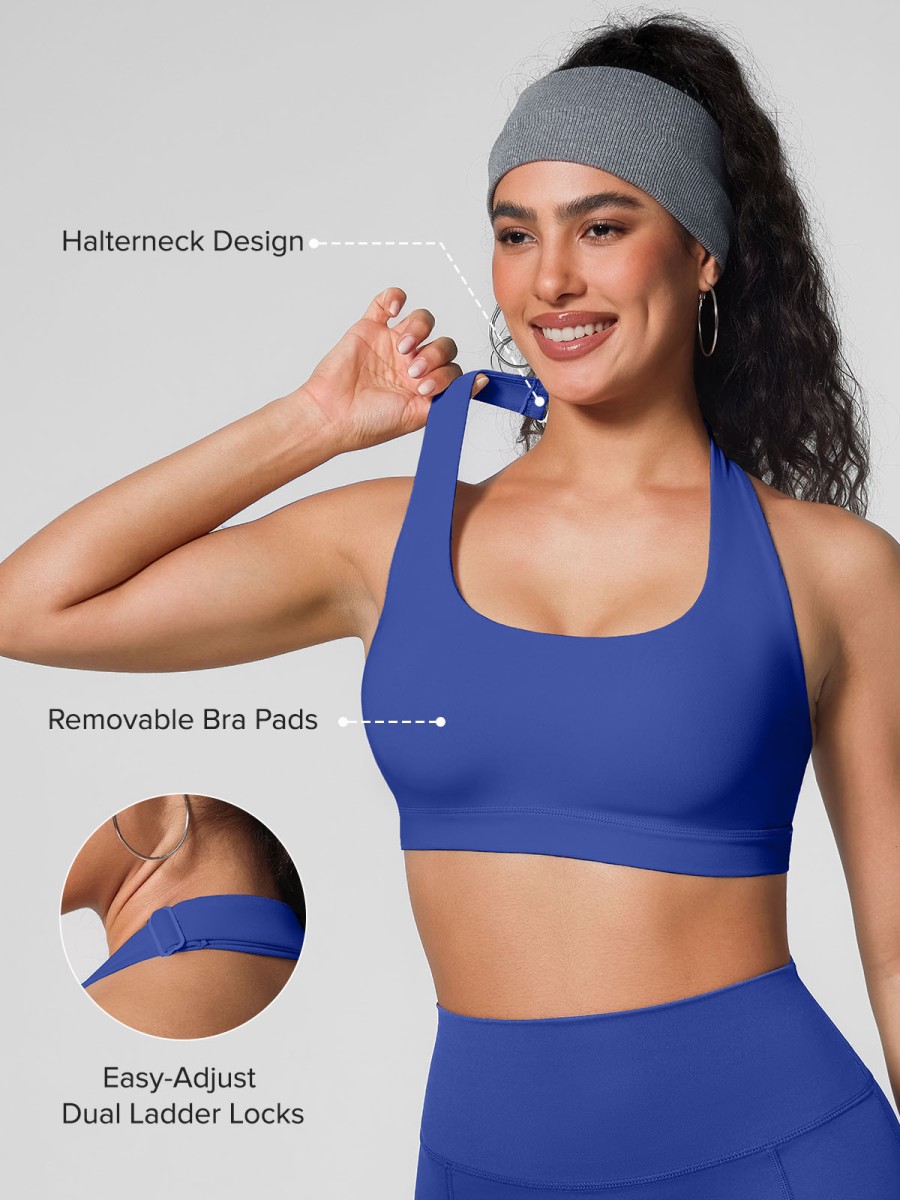 Square Neck Halter Sports Bra 4 Way Stretch Removable Pads