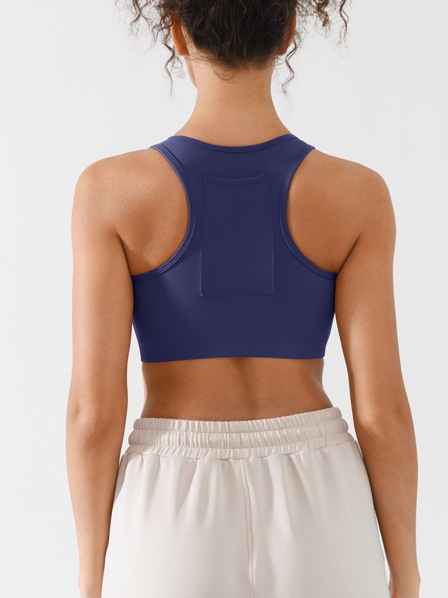 Women's Racerback Sports Bra Breathable Eco-Friendly Medium Support Pocket Front Zipper Guard Removable Gym
