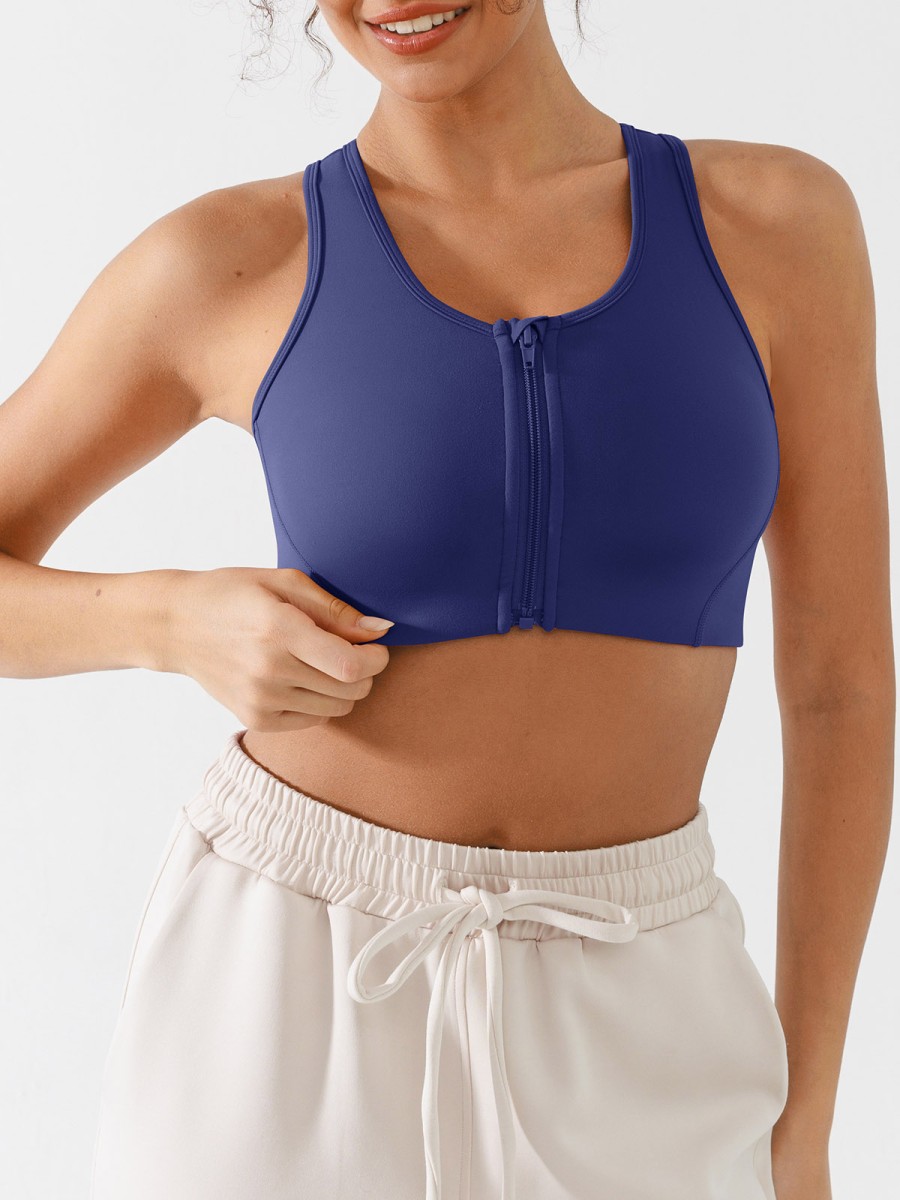 Women's Racerback Sports Bra Breathable Eco-Friendly Medium Support Pocket Front Zipper Guard Removable Gym