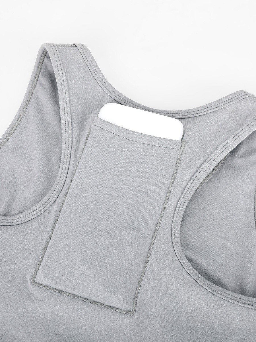 Women's Racerback Sports Bra Eco-Friendly Medium Support Pocket Front Zipper Guard Removable Cups Wide Straps