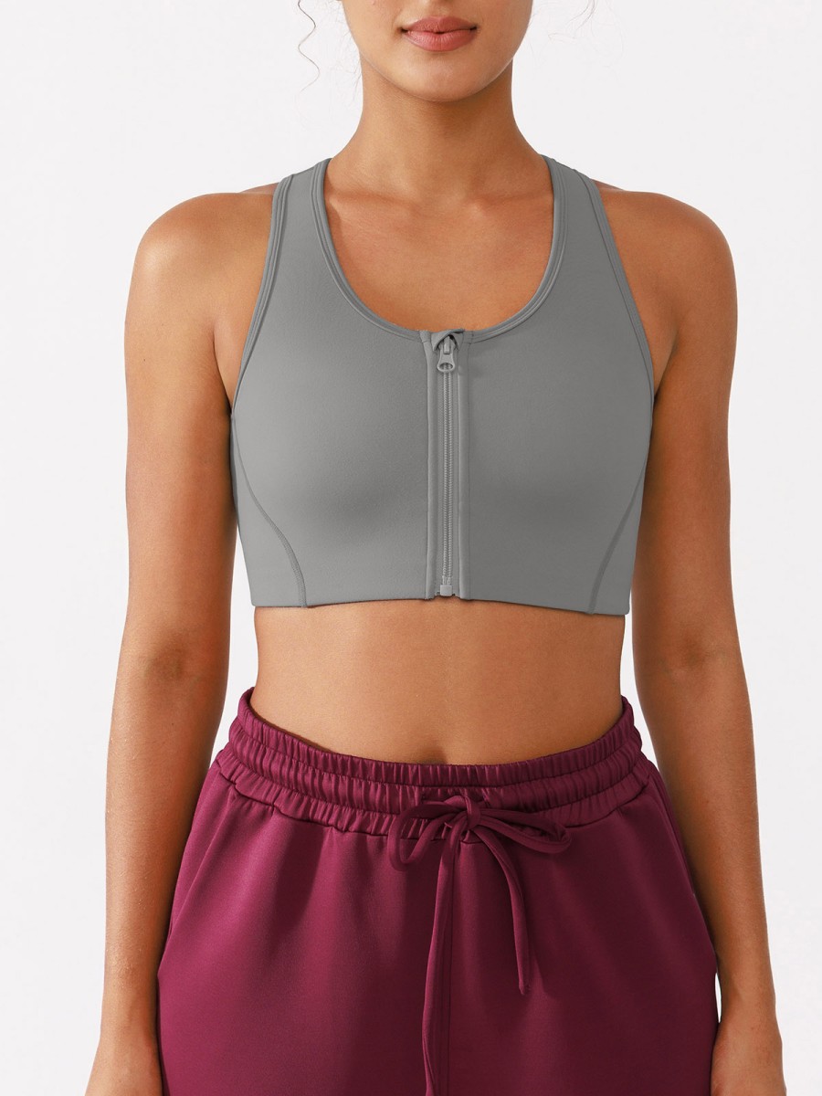 Women's Racerback Sports Bra Eco-Friendly Medium Support Pocket Front Zipper Guard Removable Cups Wide Straps