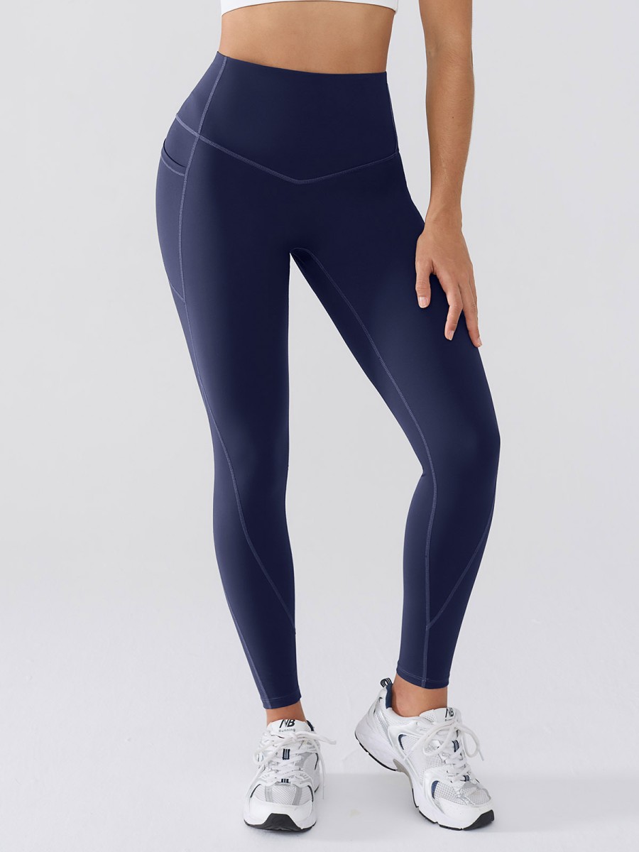 Women High Stretch Peach Hip Yoga Pants Chocolate Brown Elastic Waist Functional Pockets